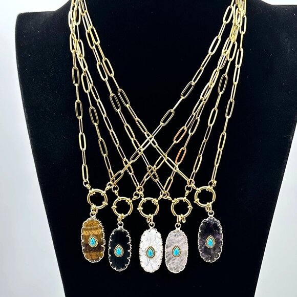 Tigers Eye Turquoise Gemstone Pendant Necklace 18K Gold Plated Chain 17 Inch - Picture 3 of 8